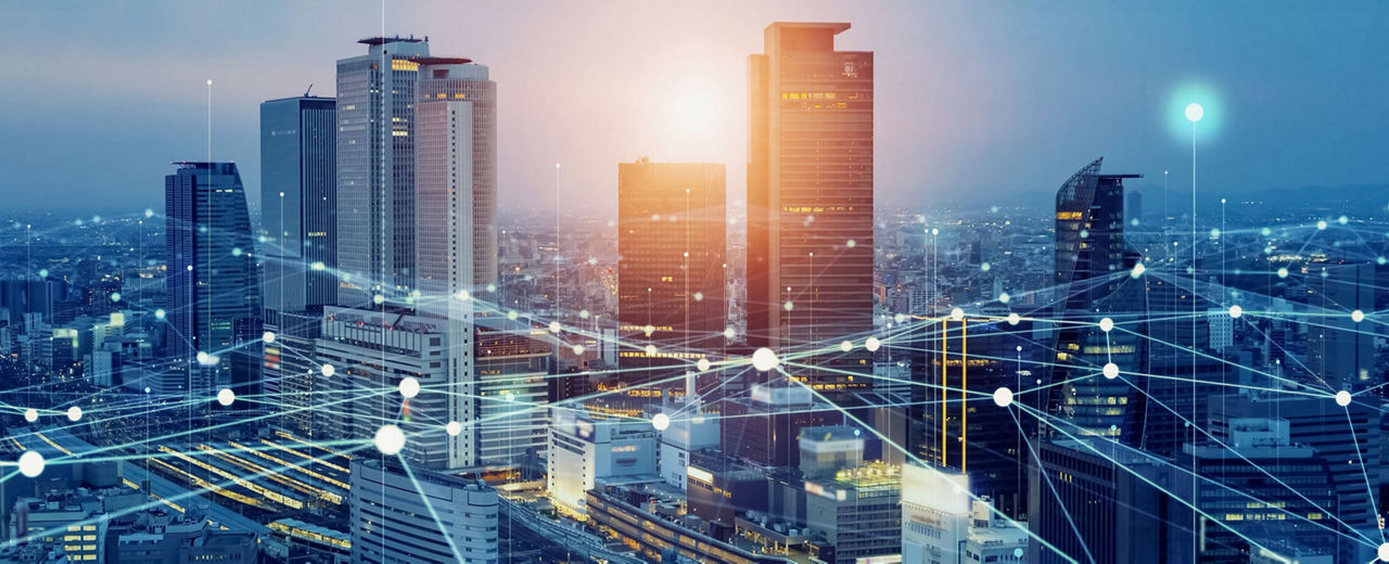 Smart city and communication network concept. 5G. IoT (Internet of Things). Telecommunication.