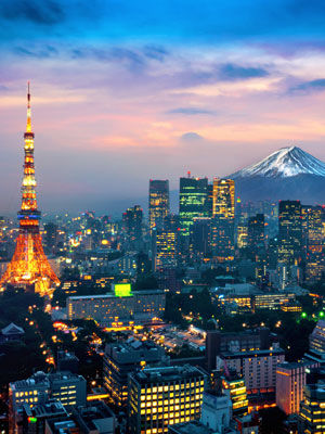 Aerial view of Tokyo cityscape with Fuji mountain in Japan.
