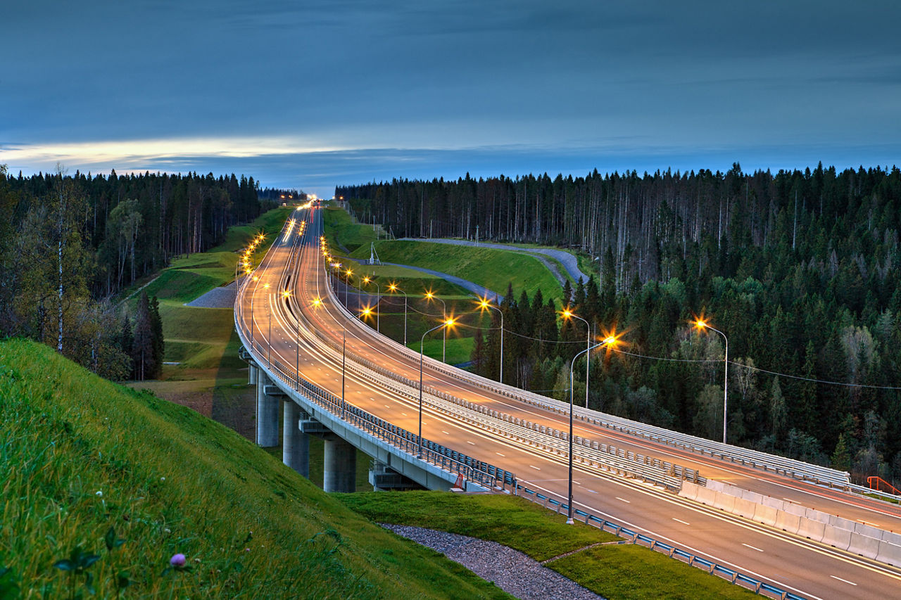 Overpass and light trails at night on the illuminated highway in forest.