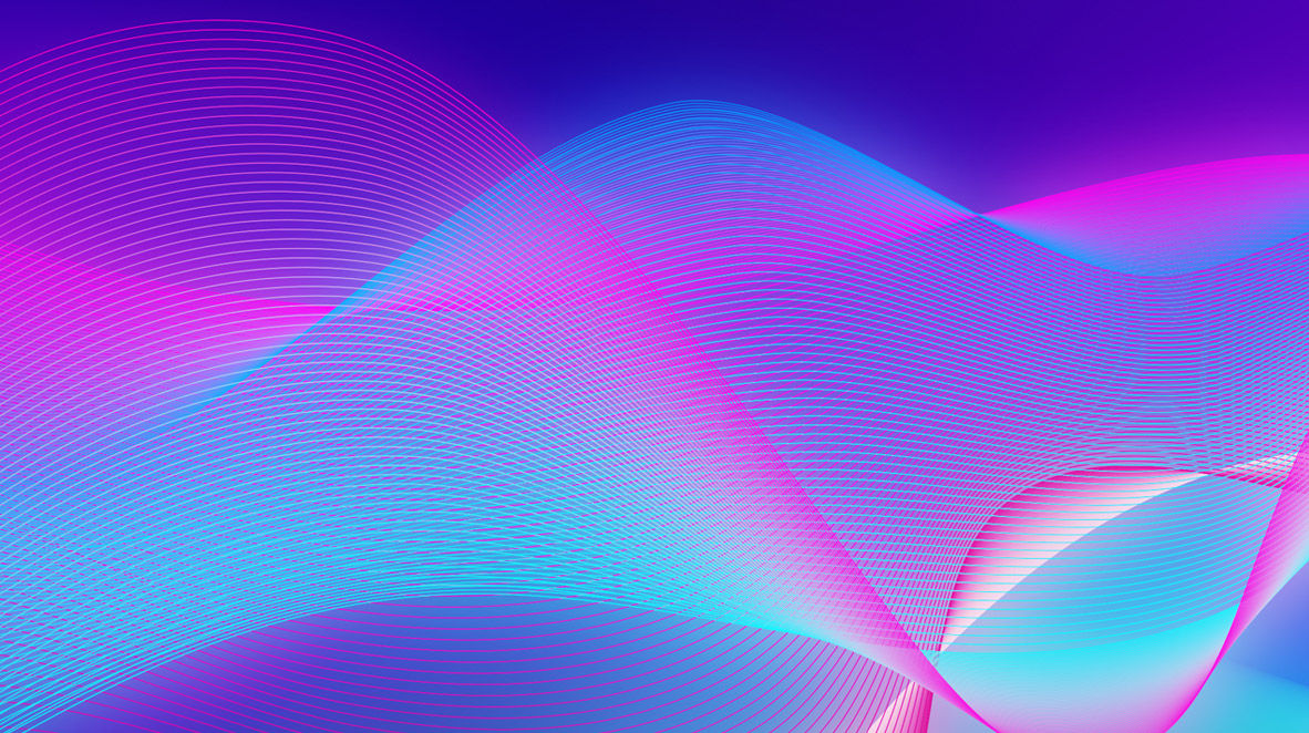 Abstract flowing wave pattern in shades of blue, purple and pink on a gradient background.