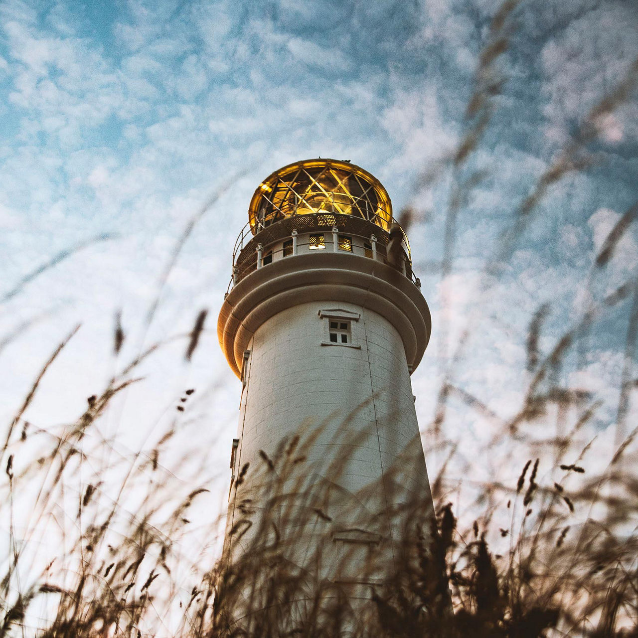 White lighthouse viewed from below with tall grass in the foreground and blue sky behind.