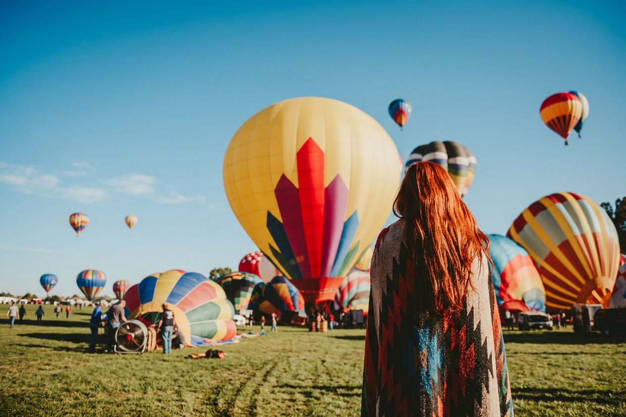 Person seen from behind looking at hot air balloons floating in the sky.