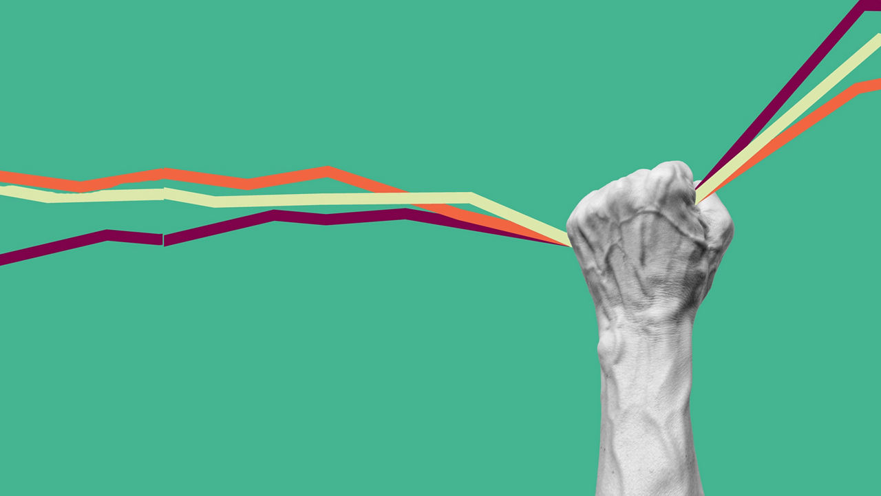 Black and white illustration of a raised fist with coloured lines on a green background.