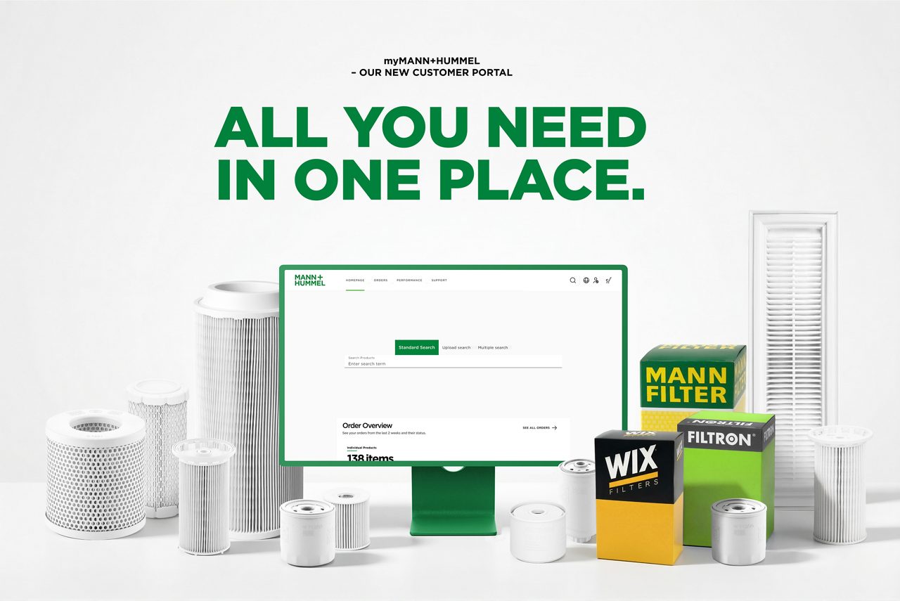 All you need in one place text in the middle with a PC underneath showing the customer portal. on the right it shows MANN+HUMMEL products and noname products on the left.