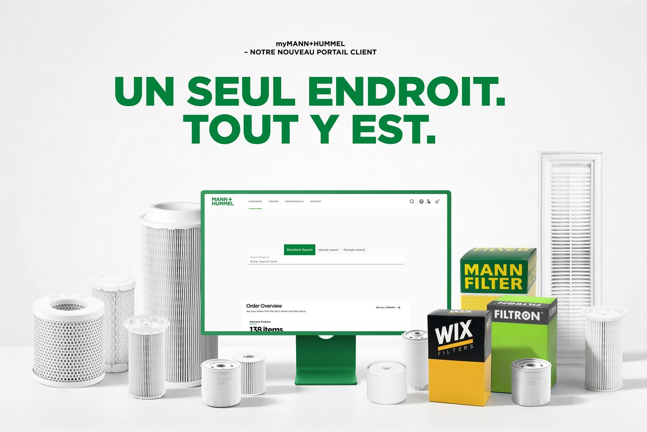 All you need in one place text in the middle with a PC underneath showing the customer portal. on the right it shows MANN+HUMMEL products and noname products on the left.