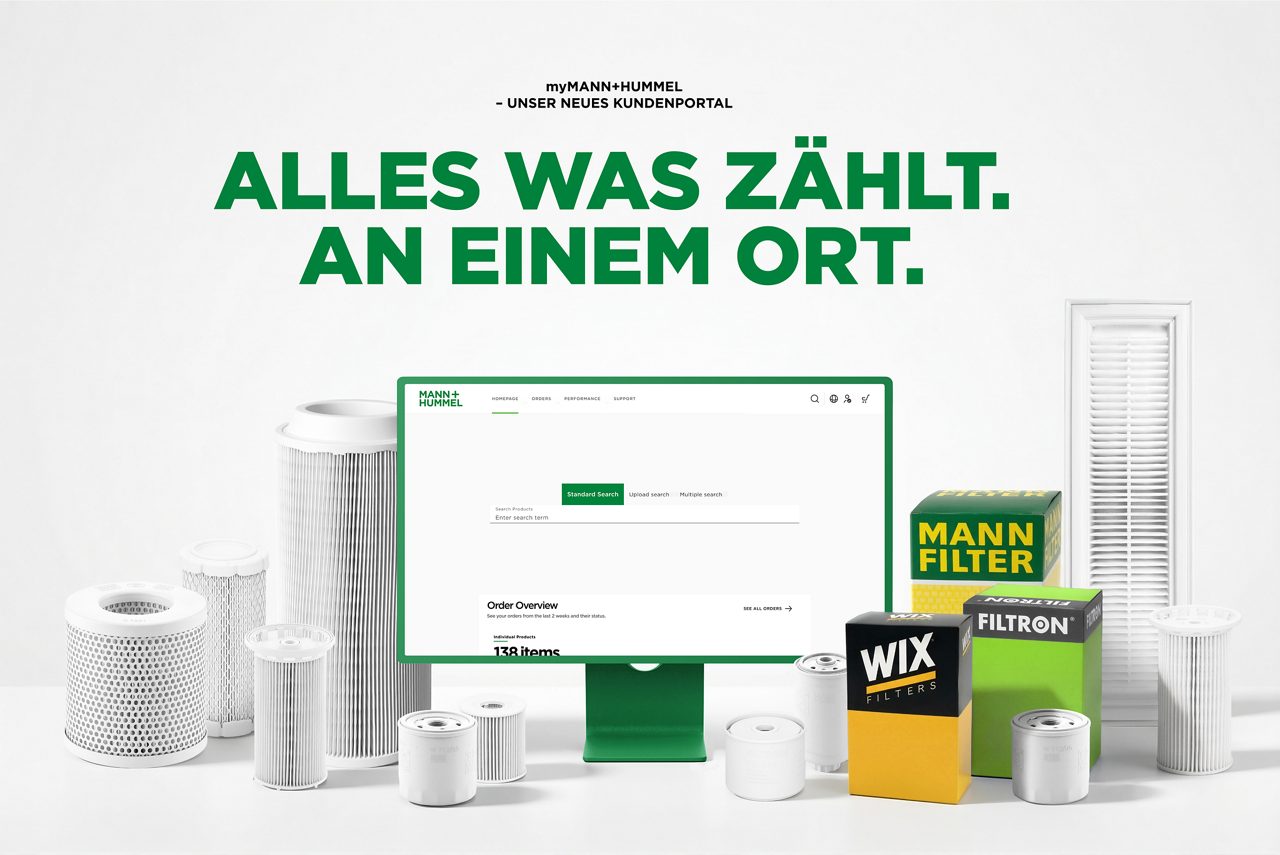 All you need in one place text in the middle with a PC underneath showing the customer portal. on the right it shows MANN+HUMMEL products and noname products on the left.