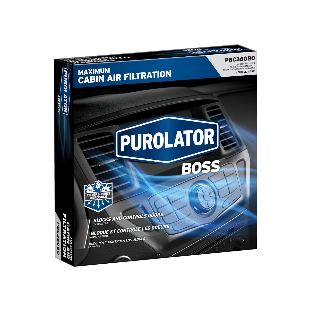 PurolatorBOSS® Maximum Cabin Air Filters with Febreze Freshness block and control harmful contaminants.