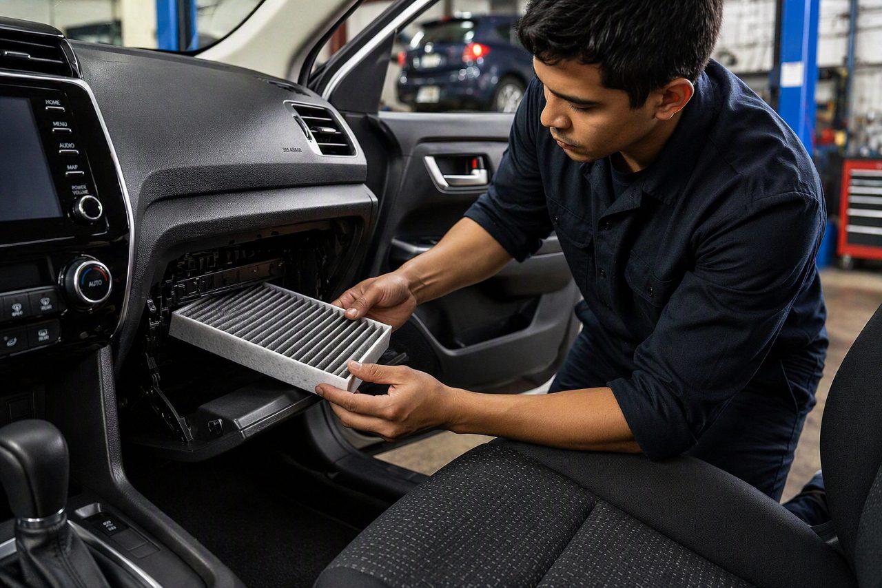Auto mechanic replacing a cabin air filter