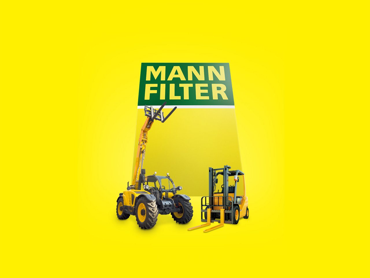 A yellow background featuring a forklift, telehandler, or other machinery near a MANN-FILTER logo