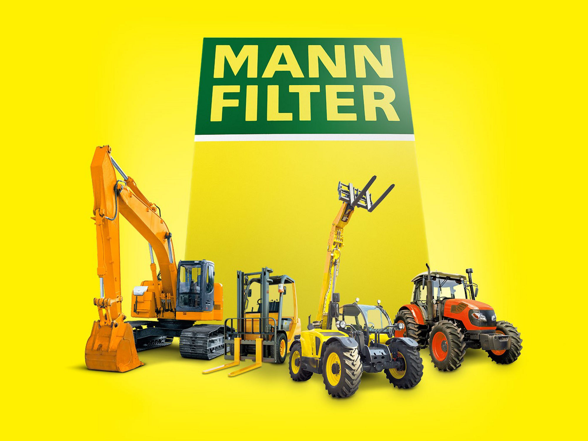 Yellow background with a MANN-FILTER logo, an excavator, a forklift, and a tractor in a row