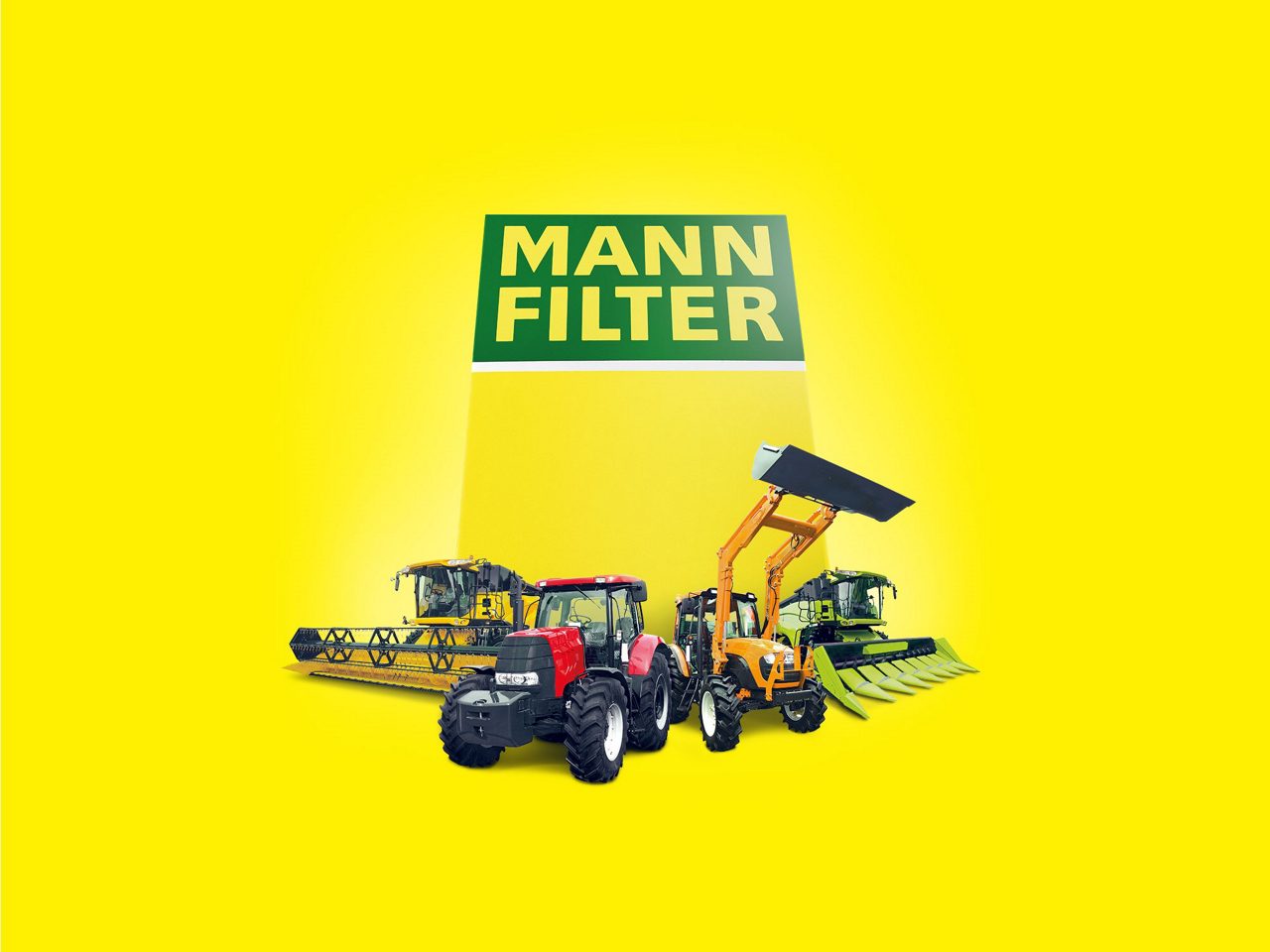Tractor, pala cargadora y cosechadoras junto logo MANN-FILTER con fondo amarillo