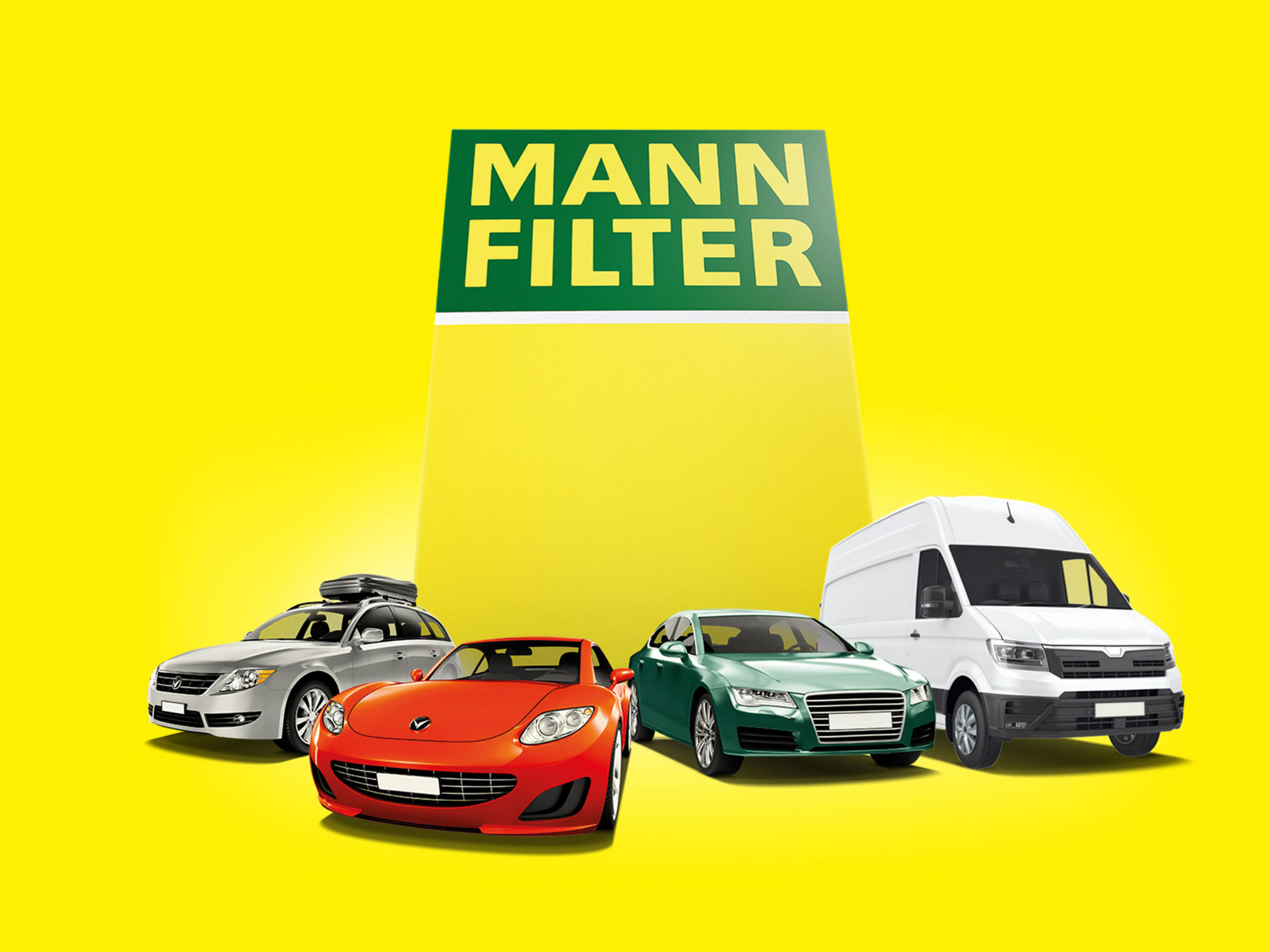 Marca MANN-FILTER junto a um carro desportivo vermelho, um sedan verde, um carro prateado e uma carrinha branca sobre fundo amarelo