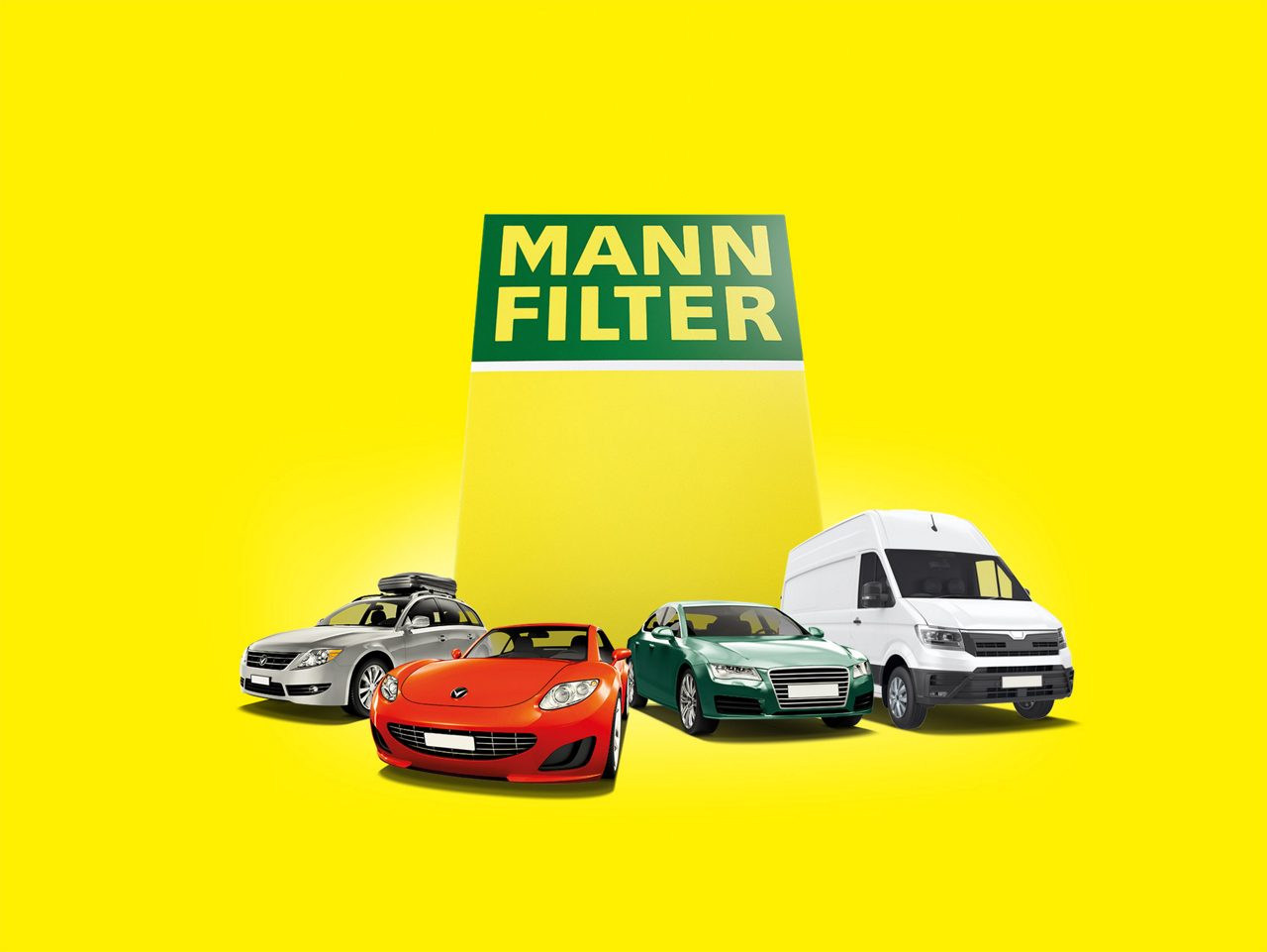 Logo MANN-FILTER junto coche rojo, sedán verde, coche plateado, furgoneta blanca y fondo amarillo