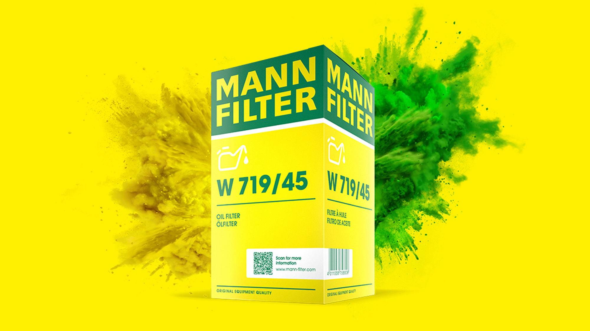 Caja de MANN-FILTER de color verde amarillento con un estallido de colores verde  y amarillo en la parte posterior sobre un fondo amarillo