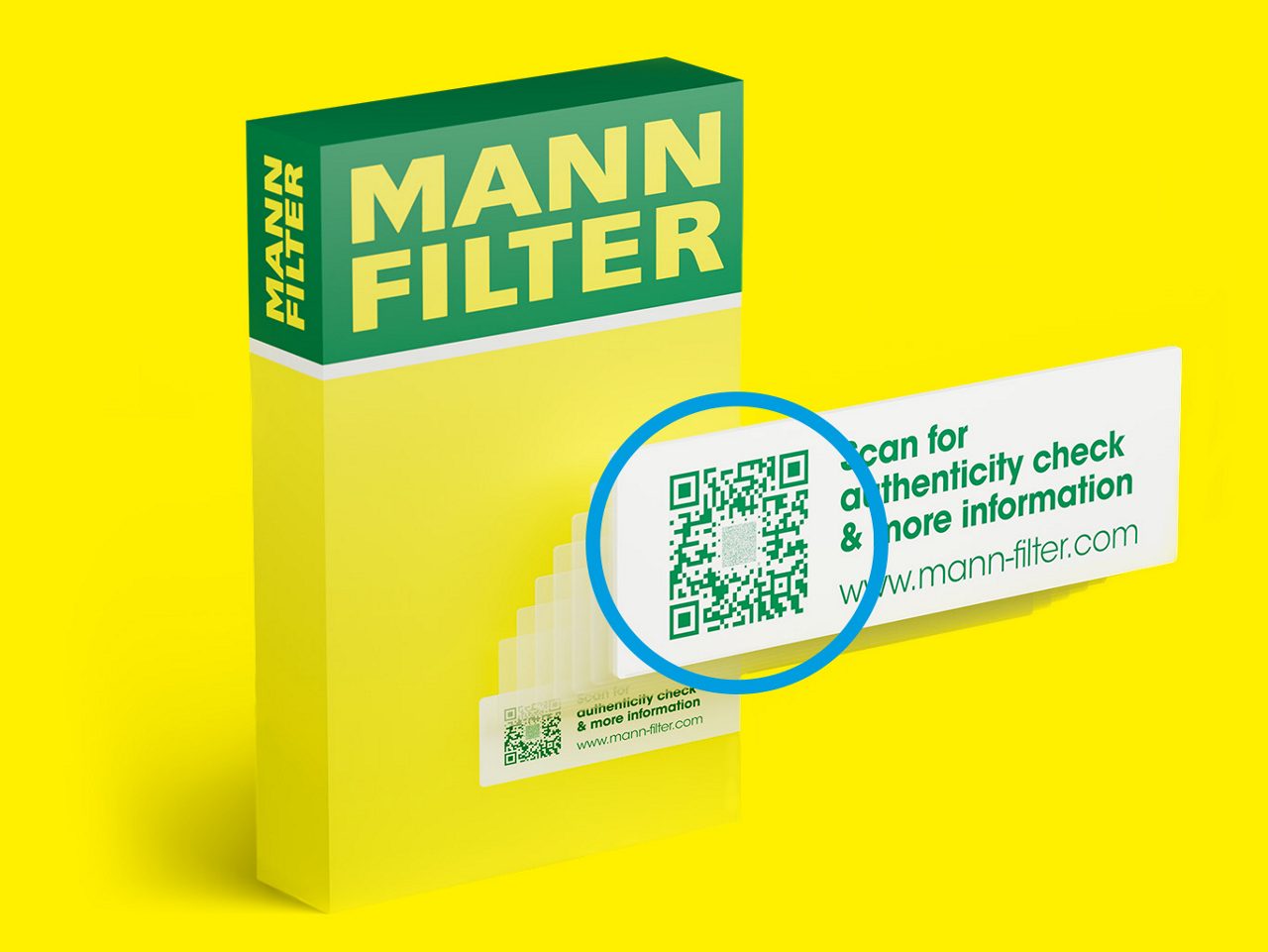 Yellow-green MANN-FILTER packaging with a zoom of the secure qr code graphic to highlight it