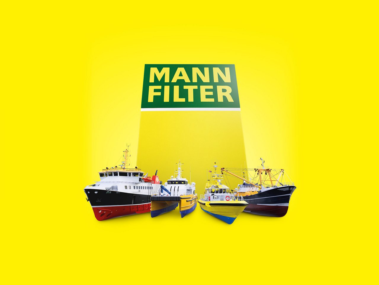 A bright yellow background with several boats and ships featured under a MANN-FILTER logo