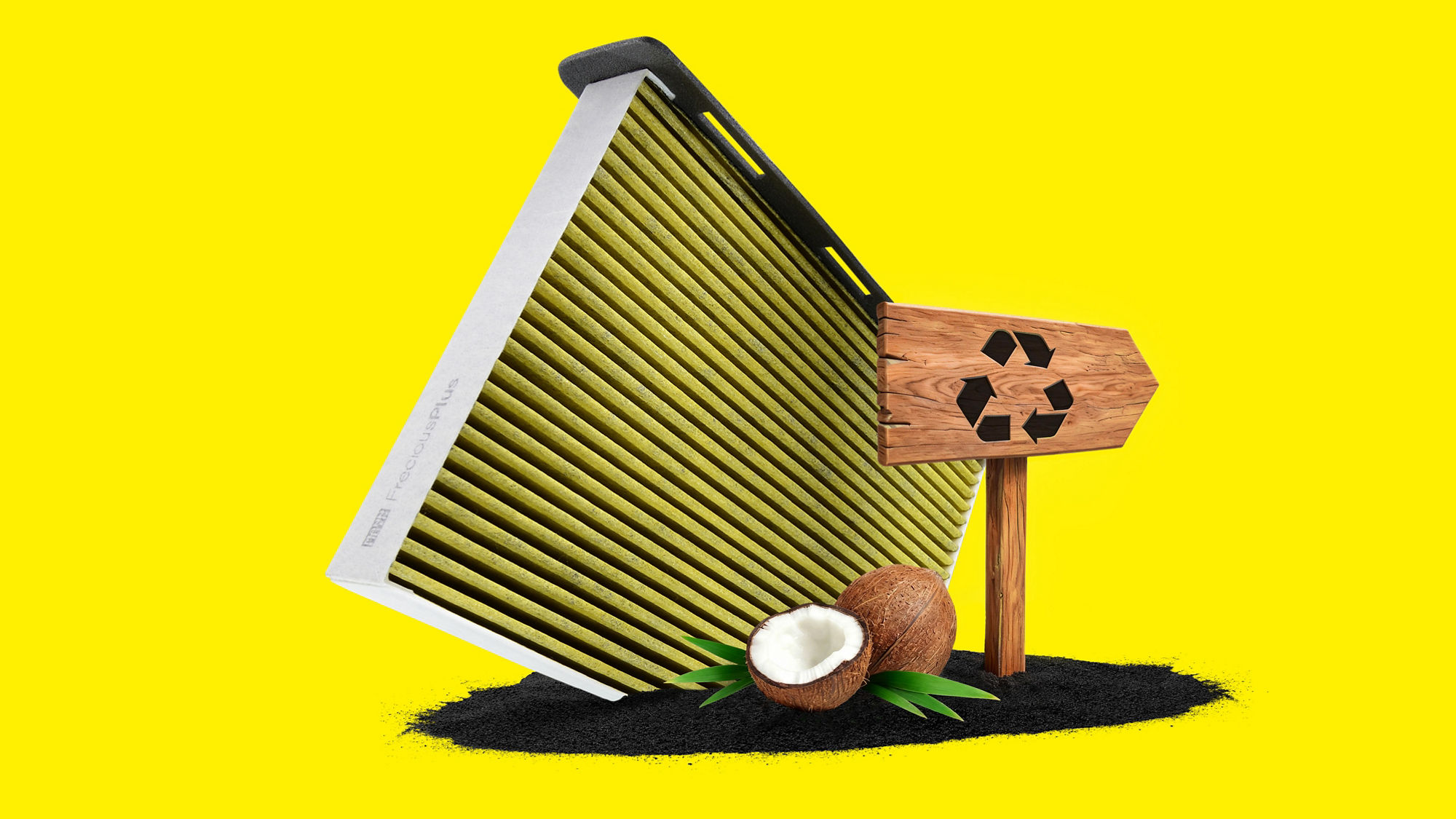 FreciousPlus with recycling symbol and coconut on yellow background
