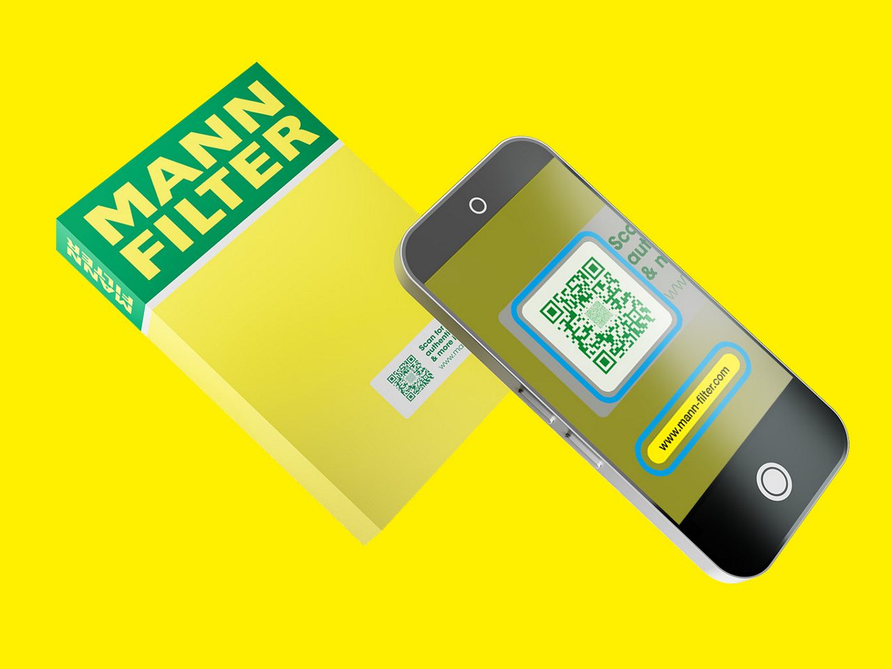 The Secure QR Code on a yellow-green MANN-FILTER packaging is scanned with a smartphone next to it
