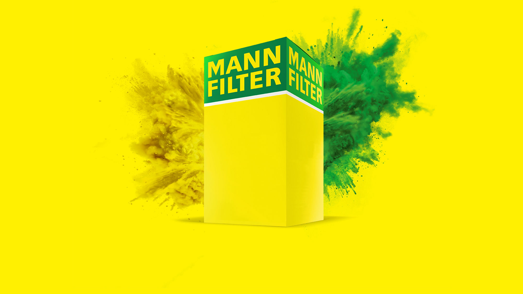 World famous MANN-FILTER box in bright yellow and green colors with sustainable features