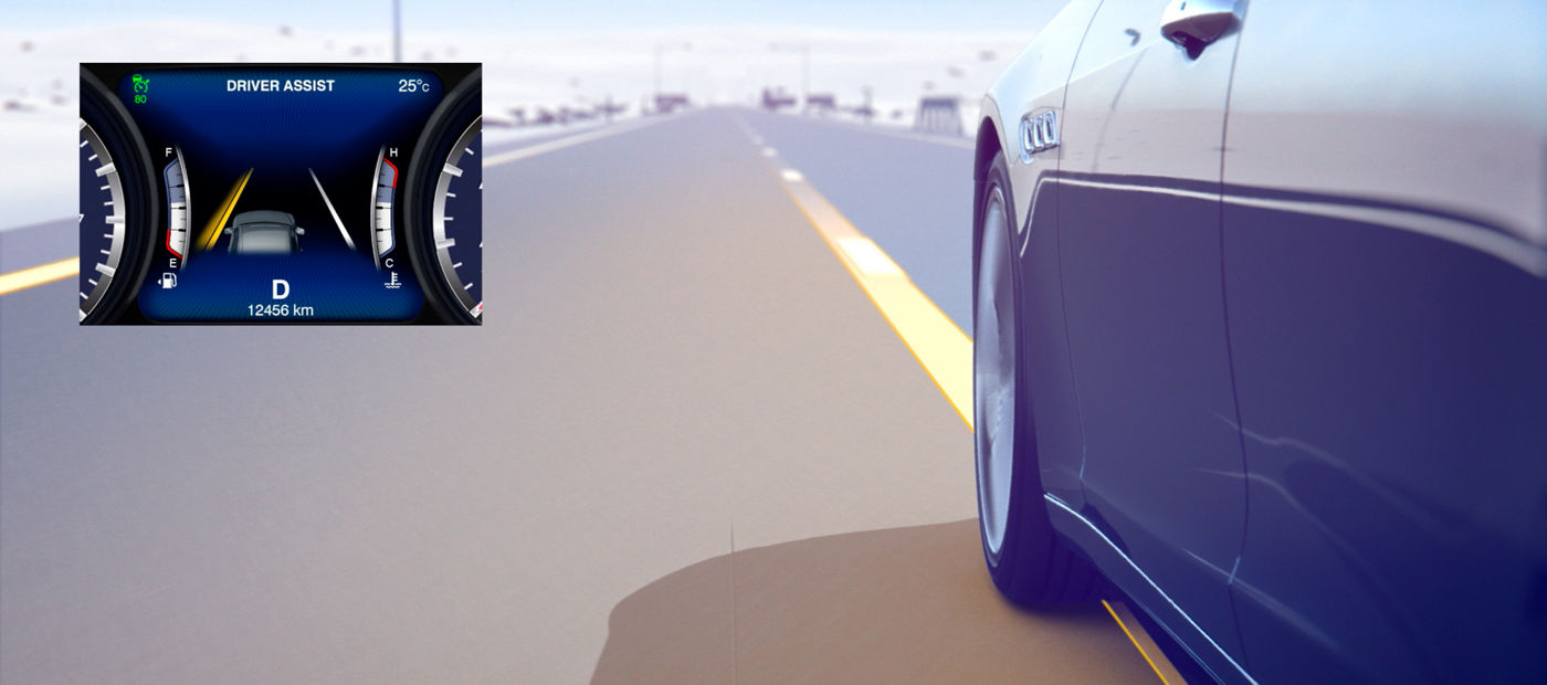 Lane Keeping Assist System - Maserati wheel view on a lane marking