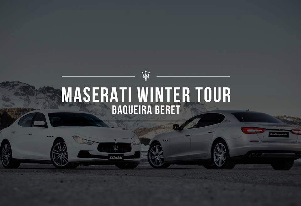 Inscripción "Maserati Winter Tour - Baqueira Beret" detrás de Maserati Ghibli y Quattroporte