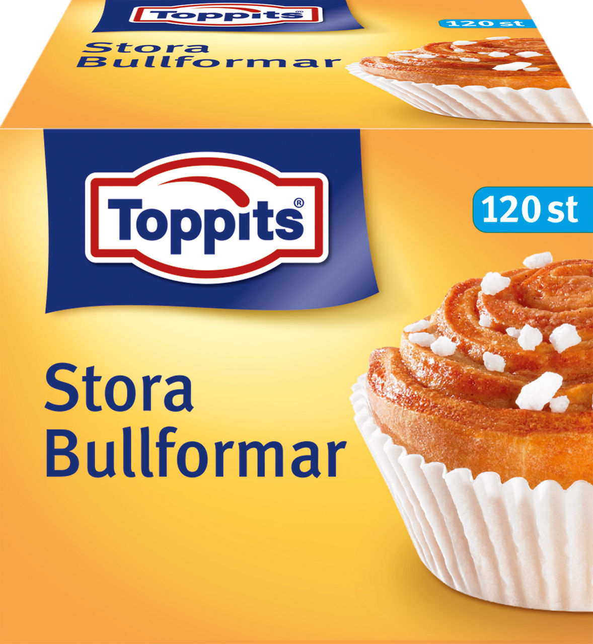 Produktbild av Toppits® Stora Bullformar, 120 stycken. Förpackningen visar stora bakformar med ett dekorerat bakverk