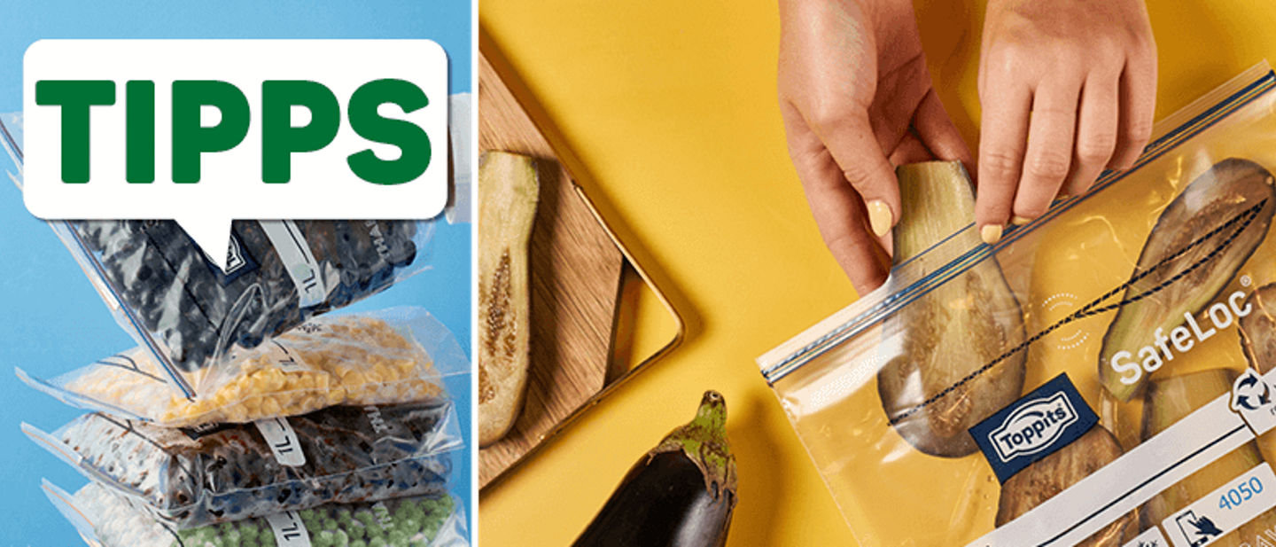 Ein Stapel gefüllter Toppits SafeLoc Beutel mit verschiedenen gefrorenen Lebensmitteln steht neben einer Person, die gebratene Auberginenscheiben in einen weiteren Beutel legt. Oben links ist ein „TIPPS“-Symbol zu sehen