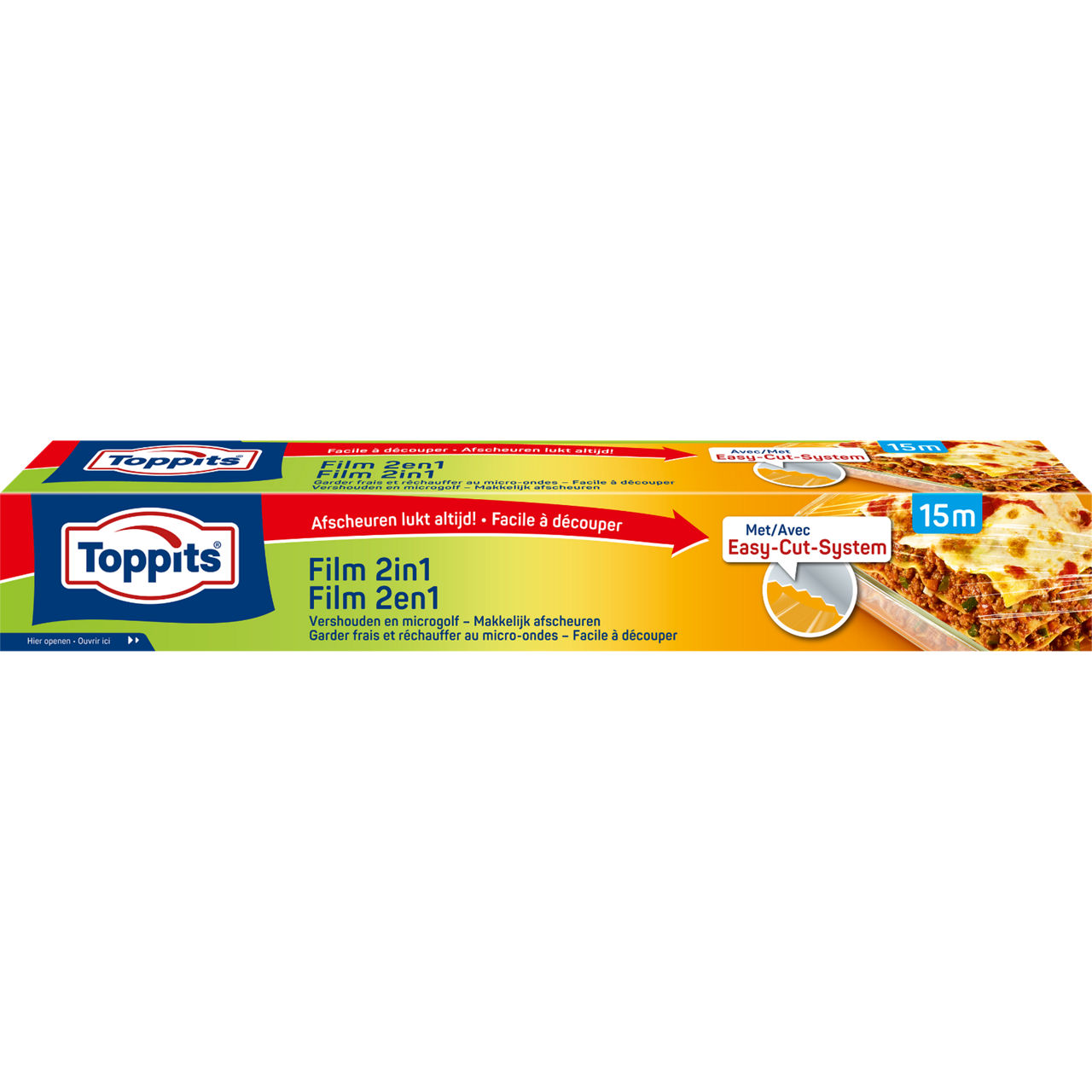 Voorkant van Toppits 2-in-1 folie 15m met Easy-Cut-System en lasagne.