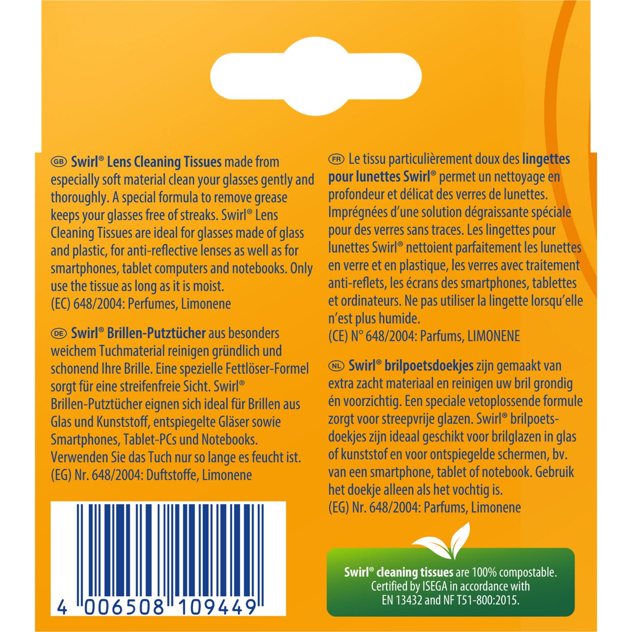 Oranje achterkant van een kleine productverpakking met drie kolommen zwarte, moeilijk leesbare producttekst.    Generated with AI