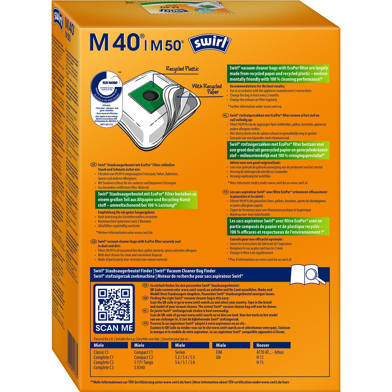 Afbeelding van de achterkant van een oranje Swirl M 50 stofzuigerzakkenverpakking. Bovenaan staat de productnaam “M 50” met het Swirl‑logo. 
