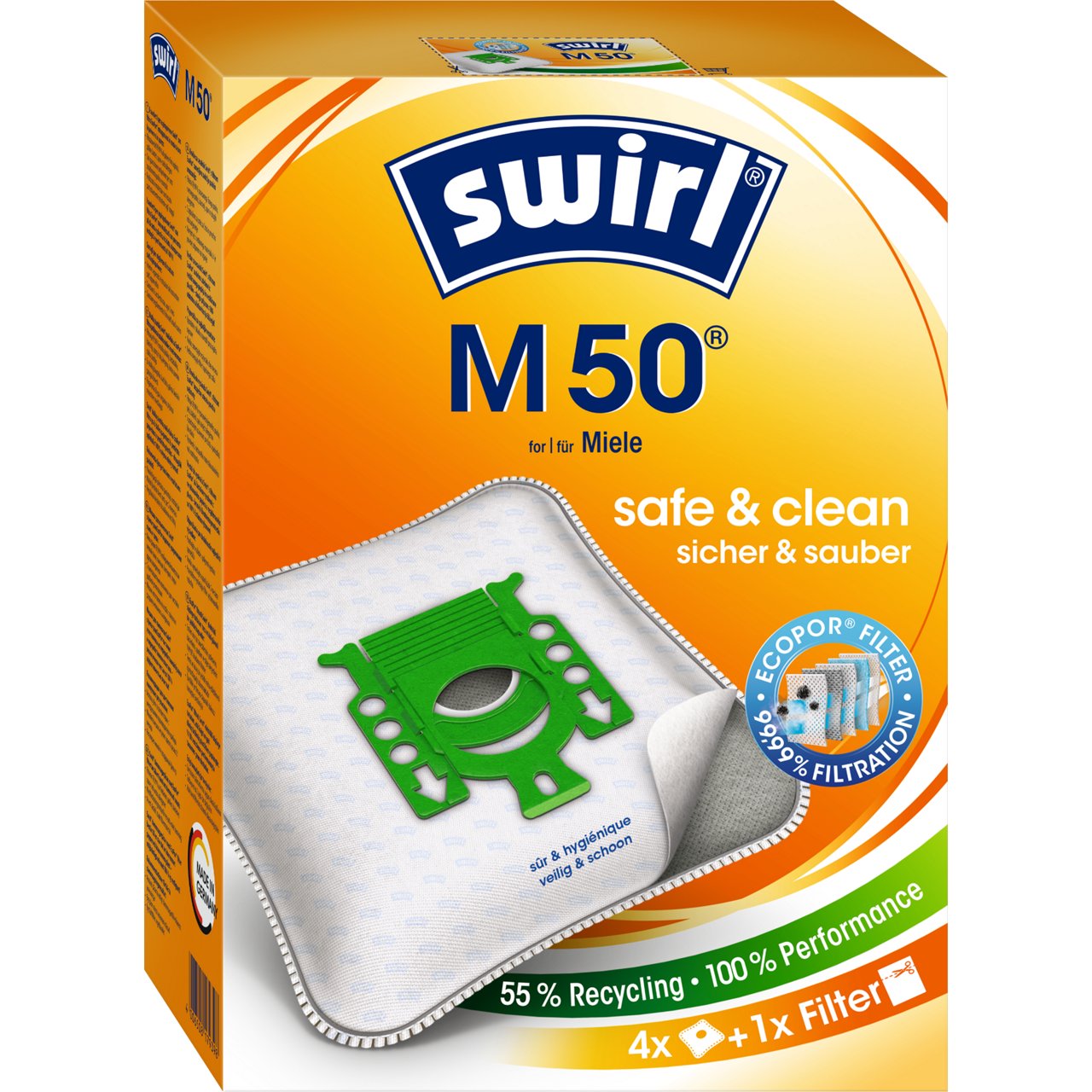 Verpakking van Swirl M 50 stofzuigerzakken voor Miele, oranje doos met afbeelding van een witte stofzuigerzak teksten over safe & clean en recyclage.  