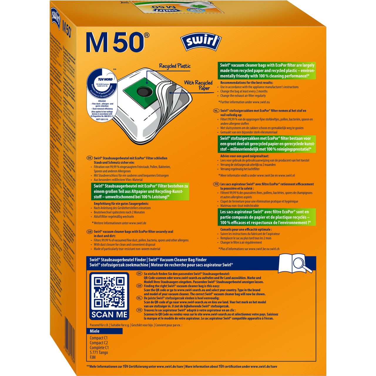 Afbeelding van de achterkant van een oranje Swirl M 50 stofzuigerzakkenverpakking. Bovenaan staat de productnaam “M 50” met het Swirl‑logo. 