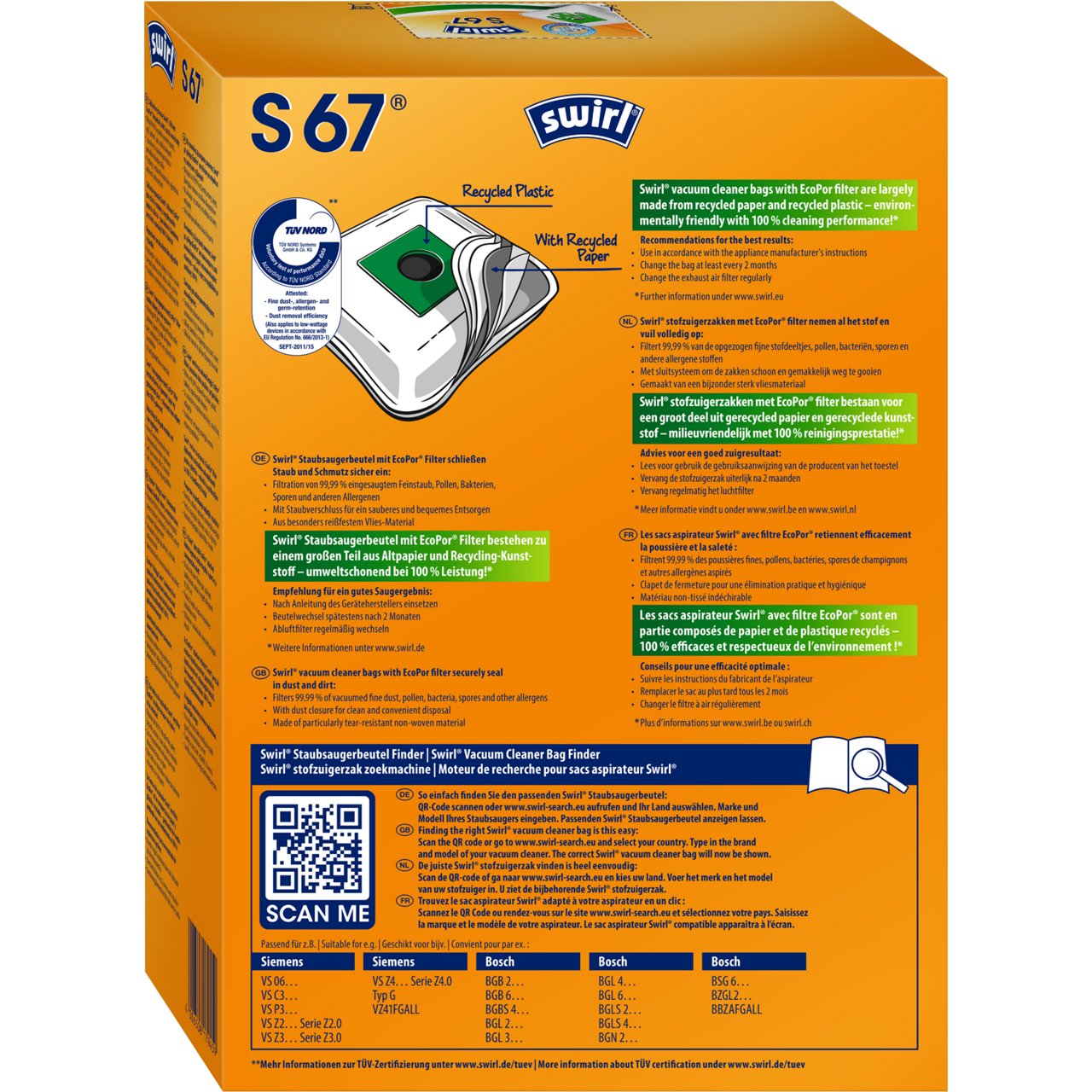 Sacs aspirateur Swirl S67 « safe & clean » en boîte de 4 sacs avec 1 filtre inclus.