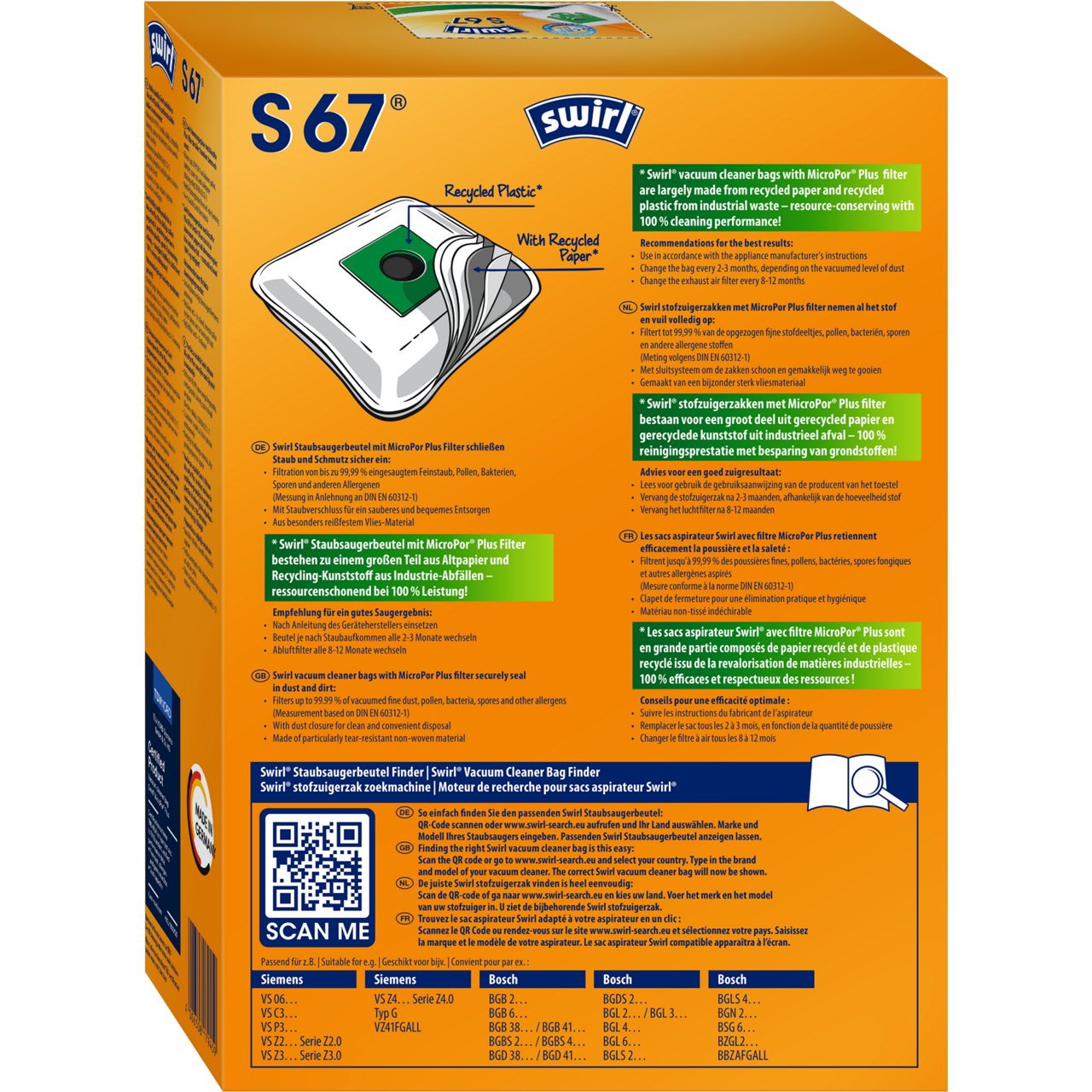 Swirl MicroPor Staubsaugerbeutel S 67 Verpackung Rückseite
