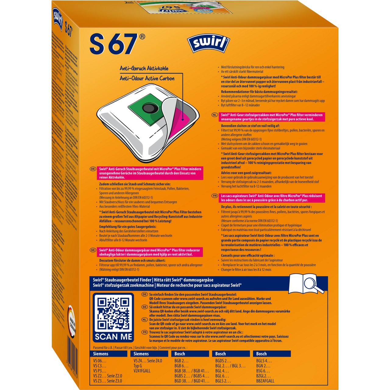 Swirl MicroPor Anti-Geruch Staubsaugerbeutel S 67 Verpackung Rückseite