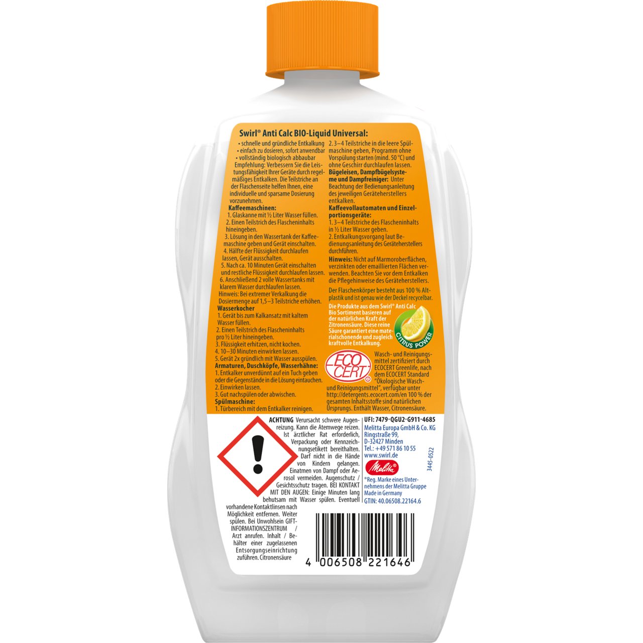 Swirl Anti Calc Bio-Liquid Universal Flasche Rückseite