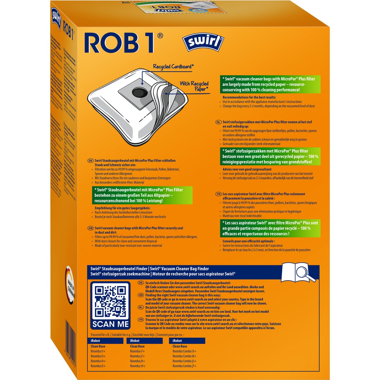 Swirl MicroPor Staubsaugerbeutel ROB 1 Verpackung Rückseite