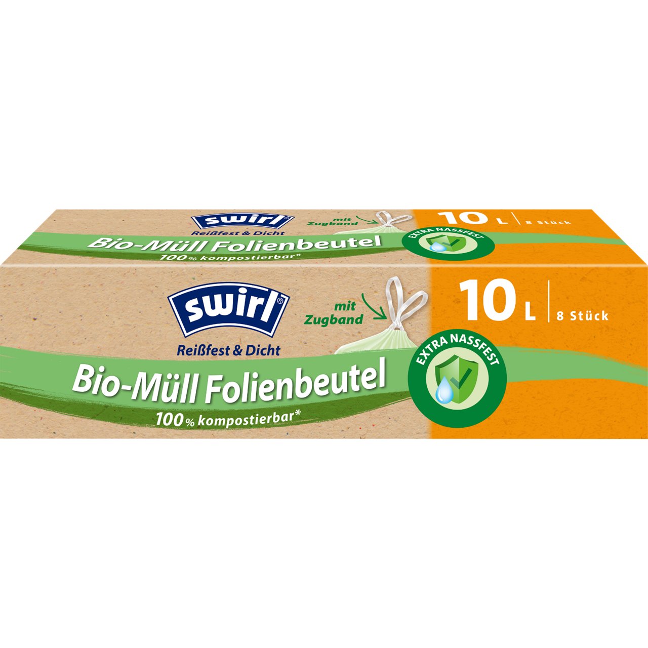 Swirl Bio-Müll Folienbeutel 10L Zugband Verpackung Vorderseite