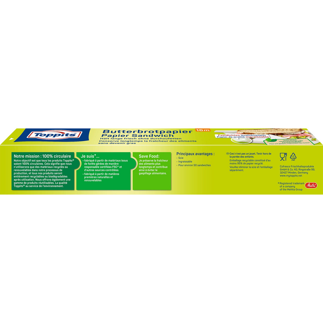 Achterkant van Toppits boterhampapier 16m met productinformatie in meerdere talen. - FR