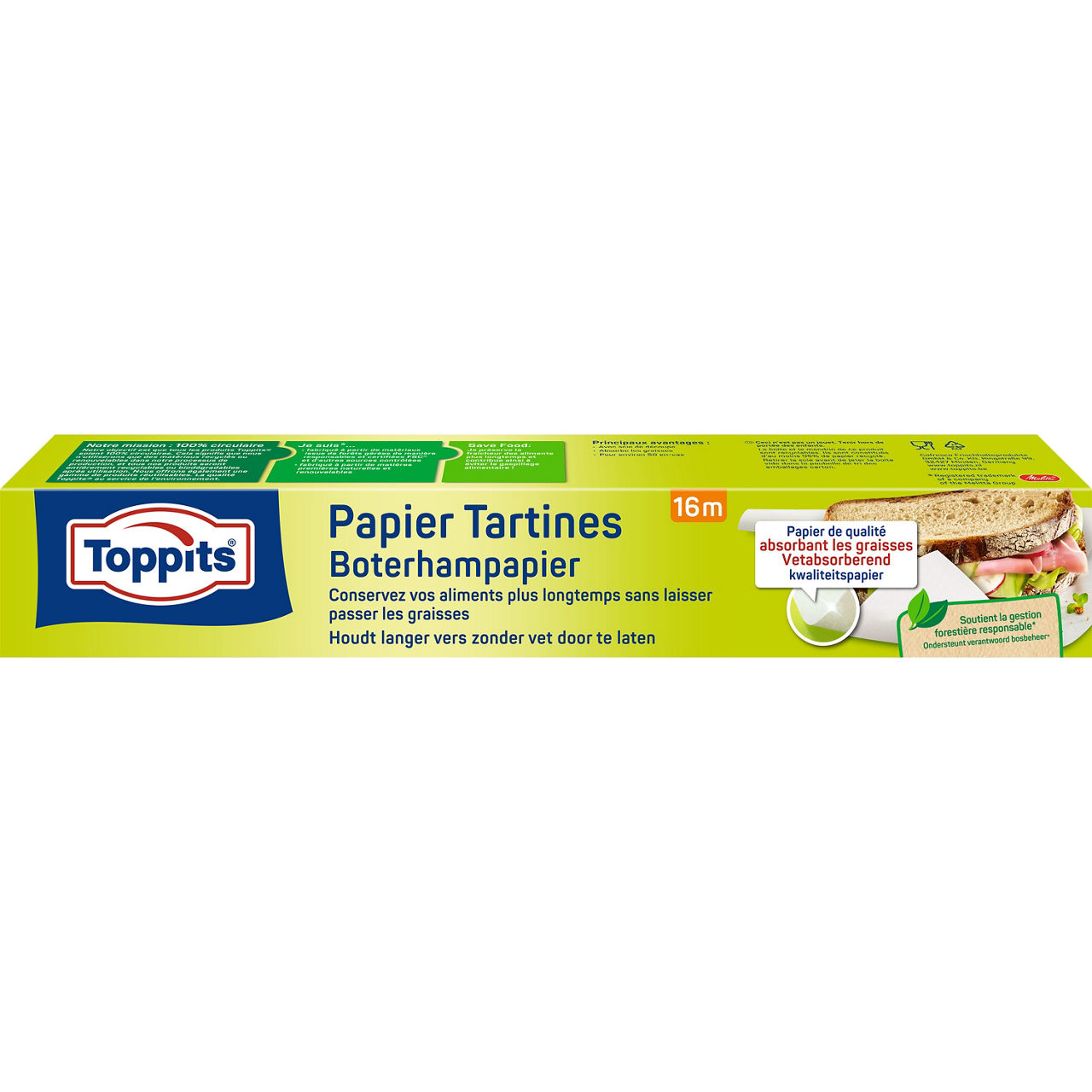 Voorkant van Toppits boterhampapier 16m met Duitse tekst en afbeelding van een sandwich.