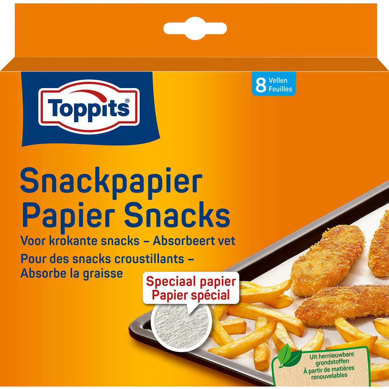 Voorkant van Toppits Cross & Frit papier met afbeelding van bakplaat met snacks en friet.