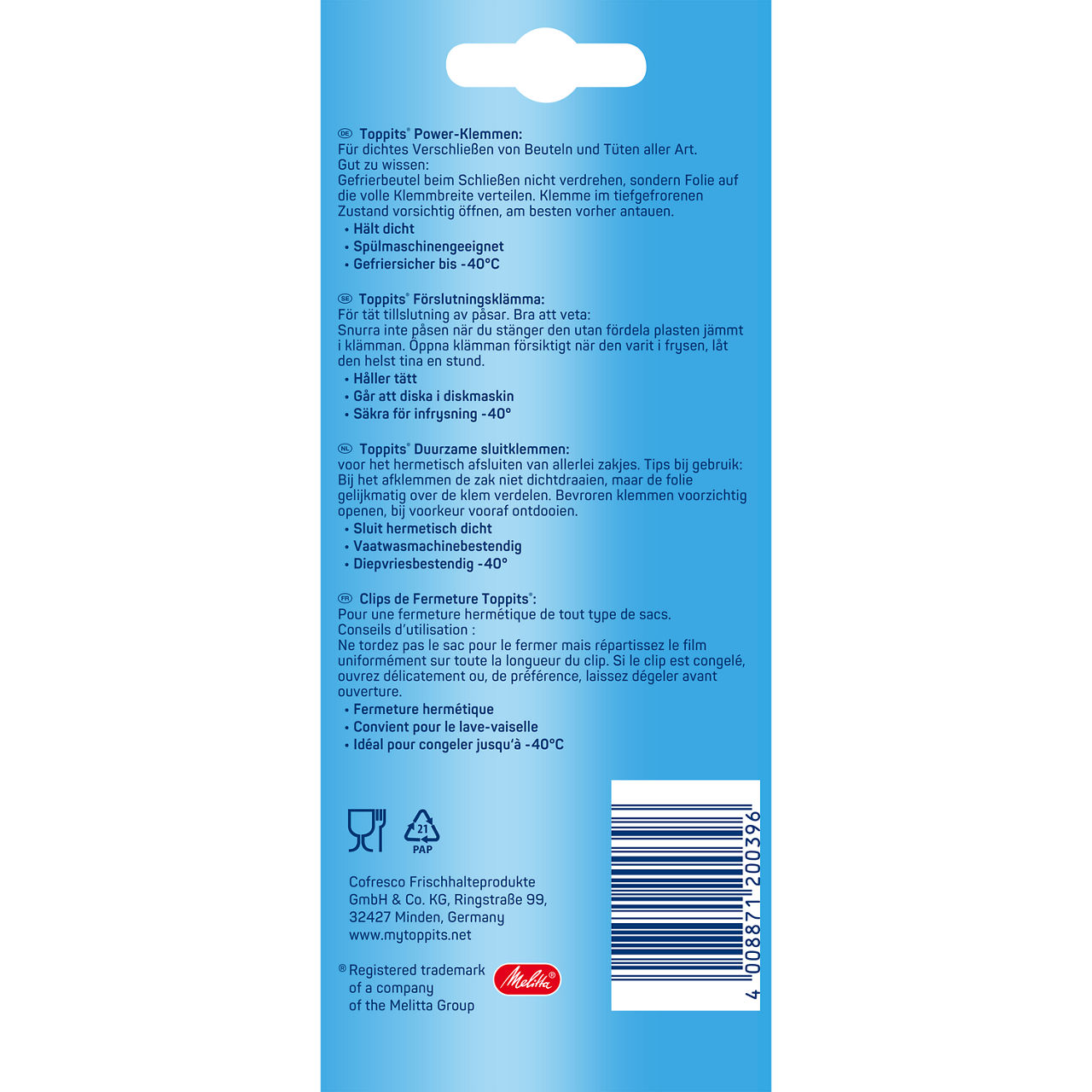 Baksidan av förpackningen Toppits® Power Clips 5-pack. Visar produktinformation, användningsinstruktioner och återvinningsinformation