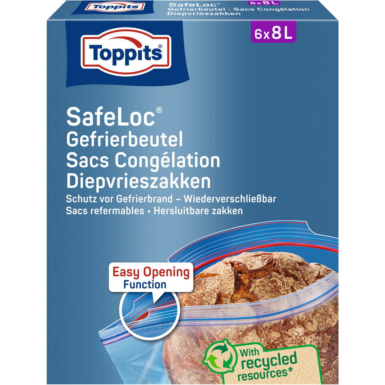 Voorkant van Toppits SafeLoc diepvrieszakken 6x8L met Easy Opening en afbeelding van brood.