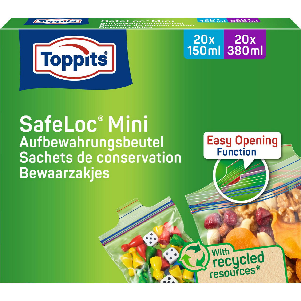 Vorderseite der Verpackung der Toppits® SafeLoc®-Mini Beutel