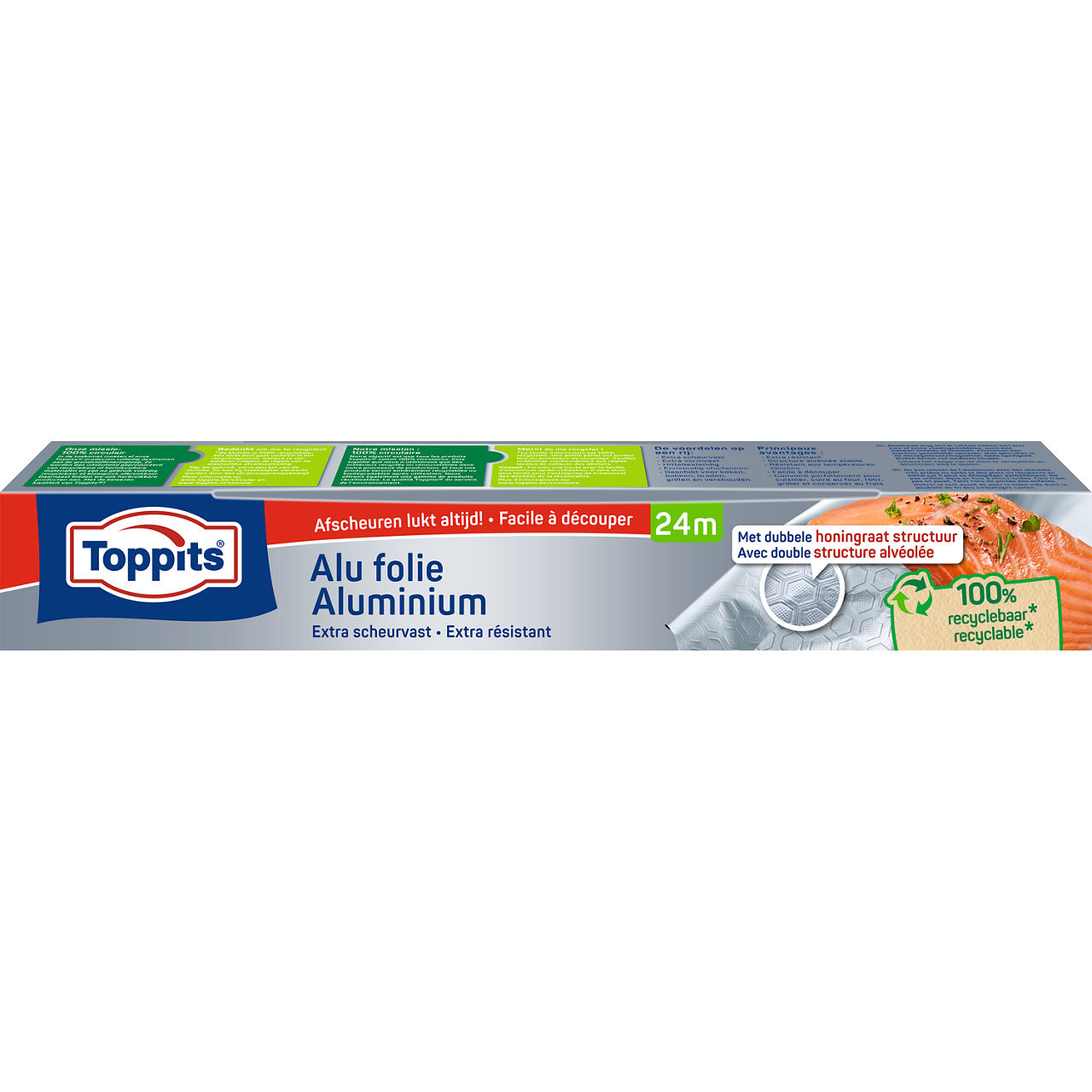 Voorkant van Toppits aluminiumfolie verpakking, 24 meter, met productinformatie en circulaire missie
