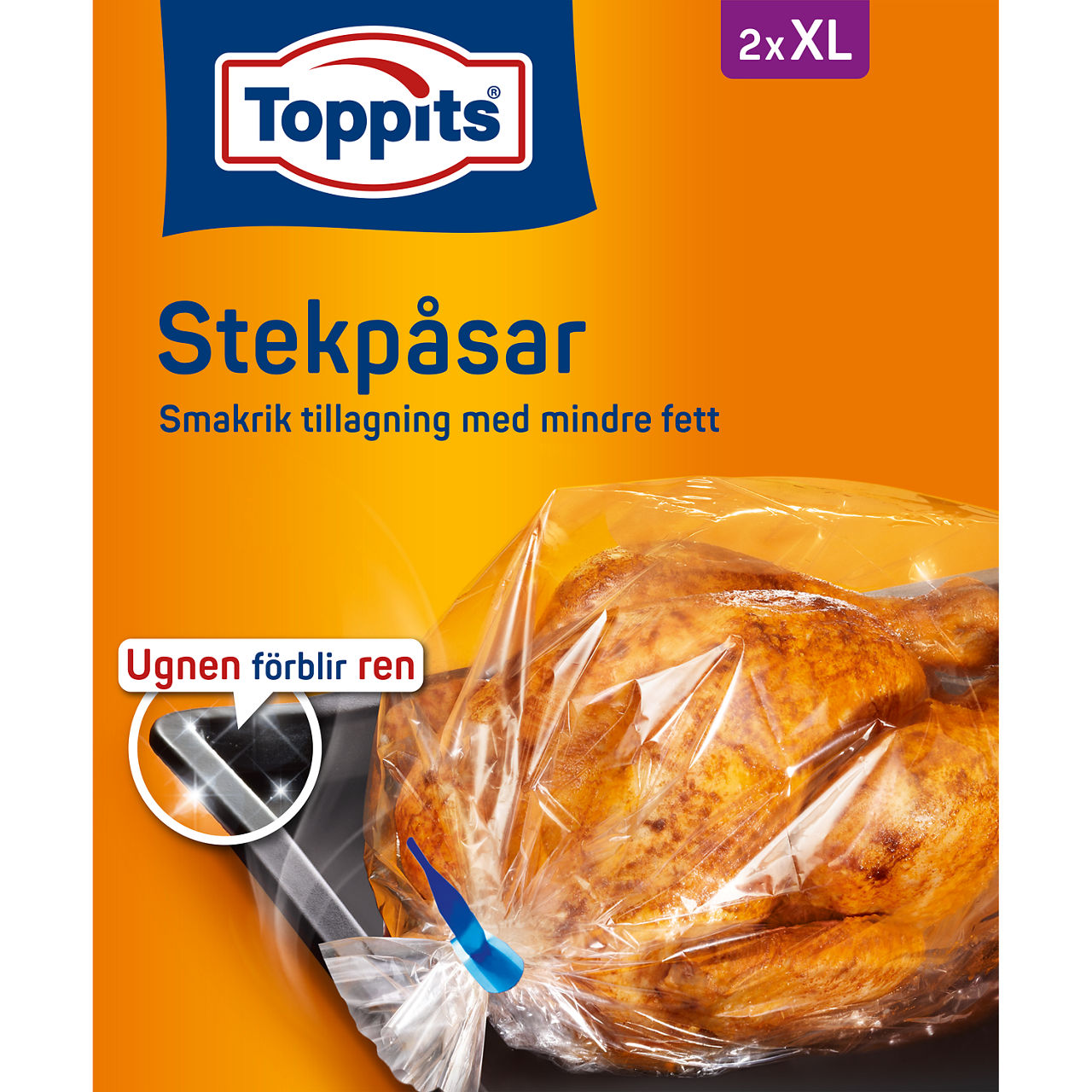 Produktbild av Toppits Stekpåsar, storlek 2xXL. Förpackningen visar en stekpåse med en tillagad kyckling som exempel. 