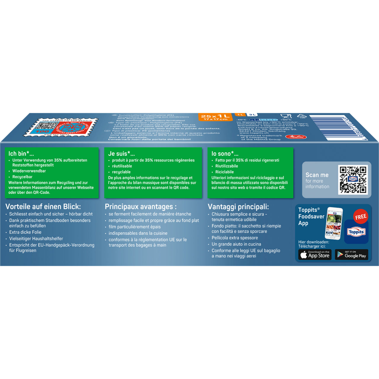 Vue arrière de la boîte de sacs de congélation Toppits® SafeLoc® 25x1L