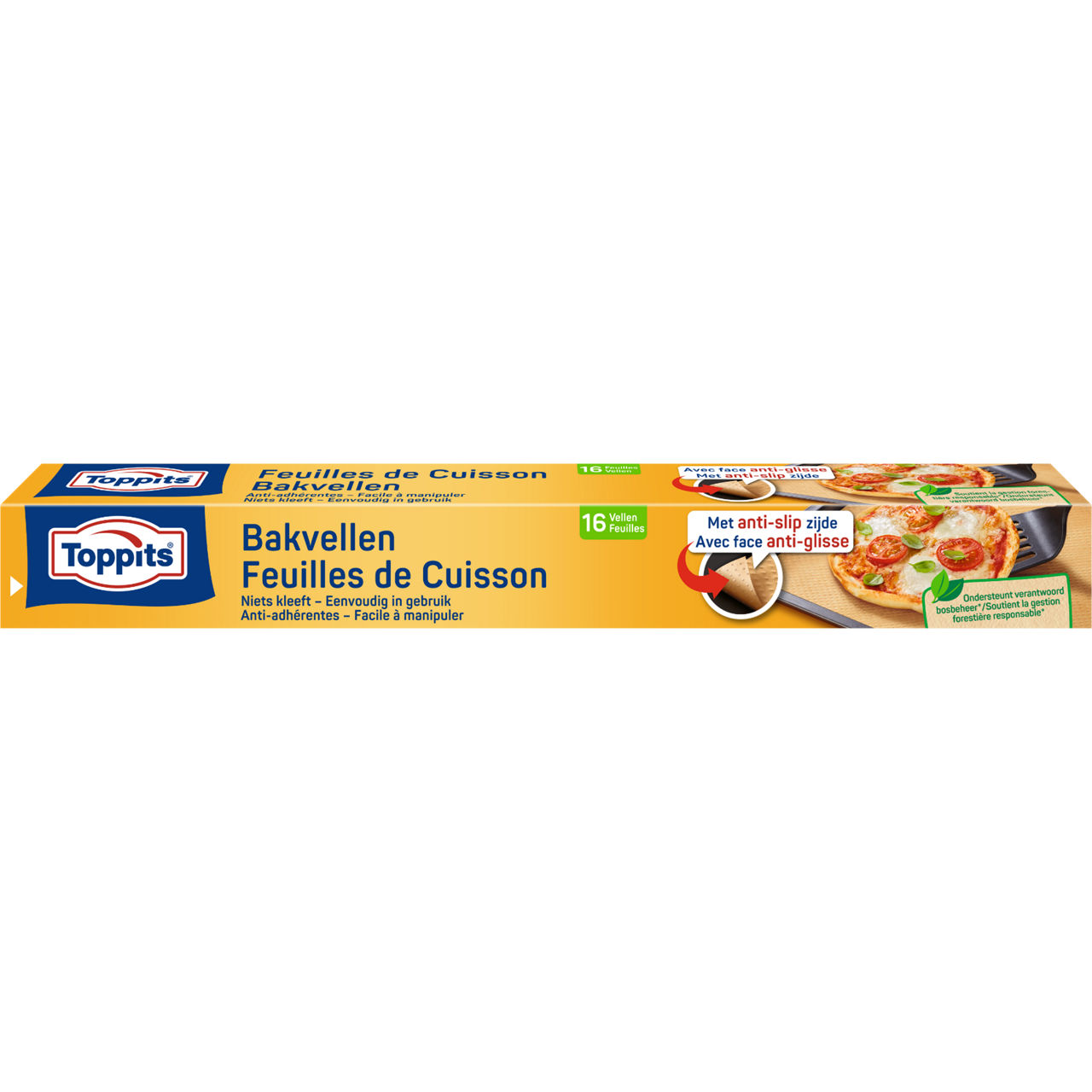 Voorkant van Toppits bakvellen verpakking, 16 vellen, met anti-slip zijde en afbeeldingen van pizza.