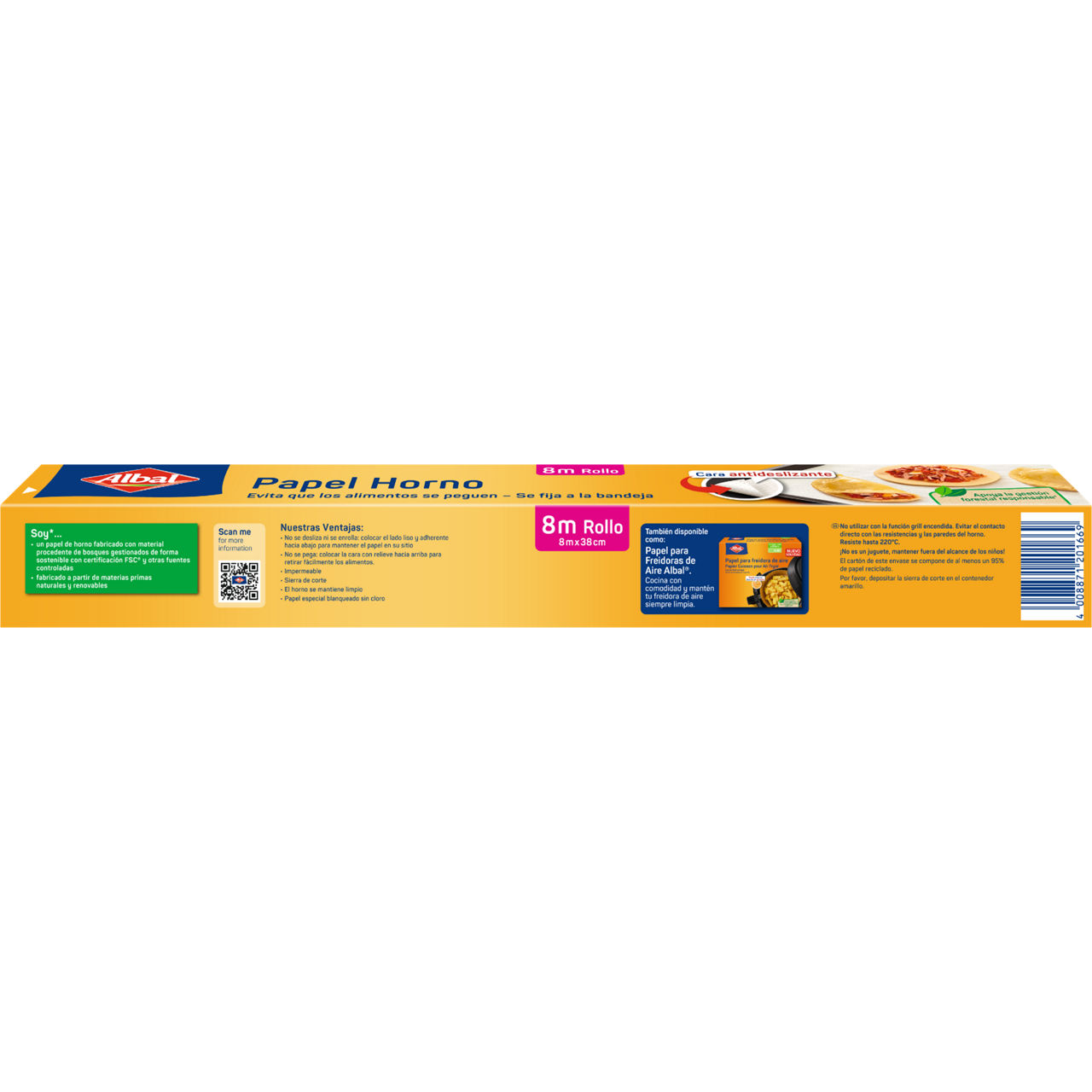 Caja de papel para horno en rollo de 8 metros, con información sobre ventajas ecológicas y uso para evitar que los alimentos se peguen.