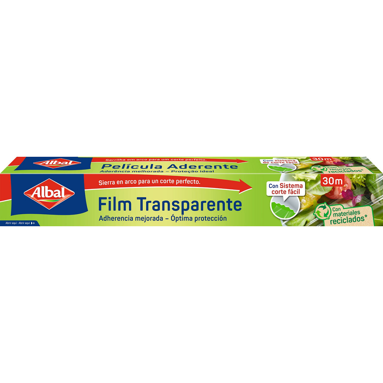 Caja de film transparente de 30 metros, con mensaje de adherencia mejorada, protección óptima y sistema de corte fácil, junto a imágenes de ensalada.